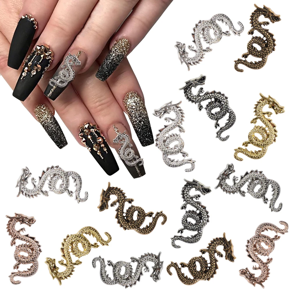 3d metal liga dragão para decoração de unhas, ouro e cor prata, gótico, punk, jóias, diy, diy, 10pcs