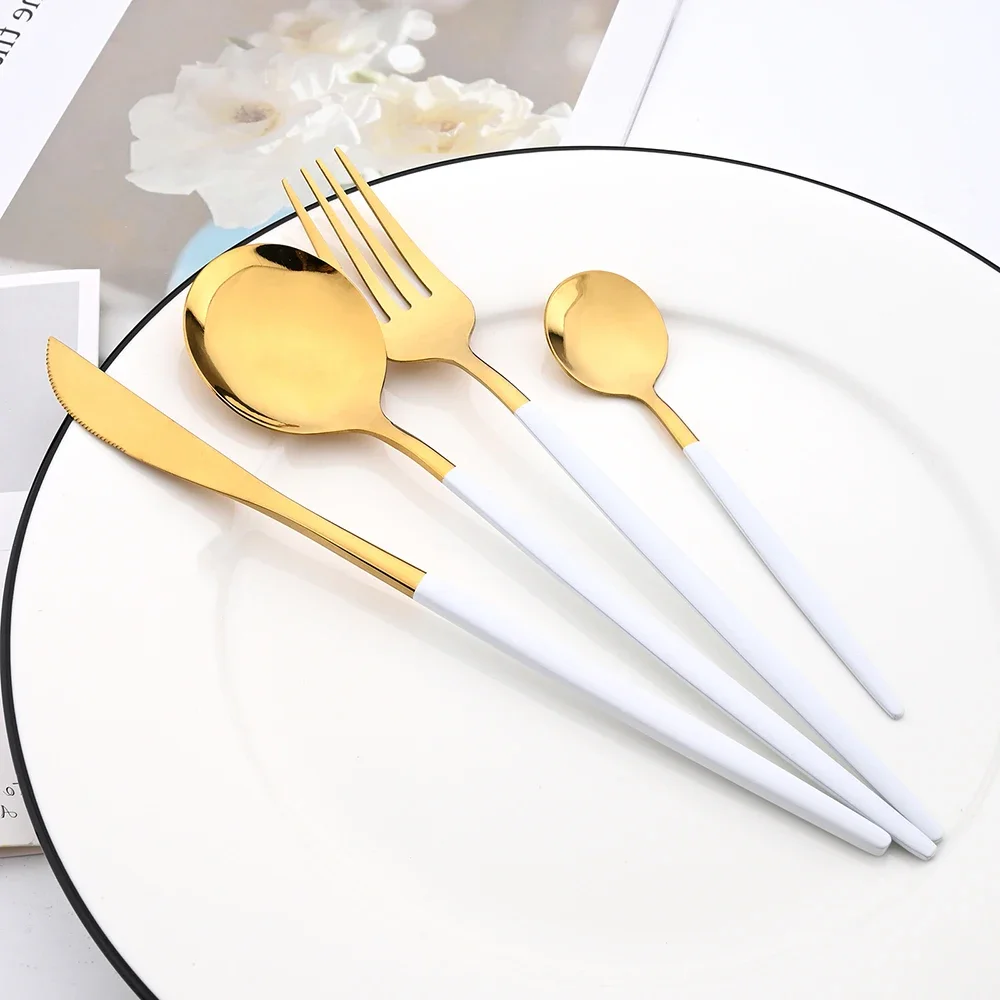 16Pcs White Gold Cutlery Set Stainless Steel Dinnerware Set Dinner Fork Knife Spoon Silverware Complete Western Tableware Set