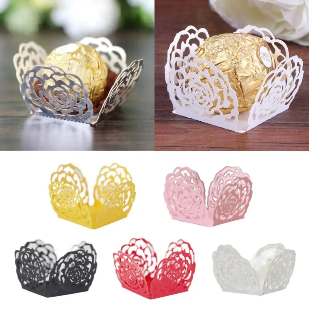New 50pcs Chocolate Packing Chocolate Tray Paper Dessert Decor Rose Lace Chocolate Candy Cups Hollow-Out Truffle Wrappers Party