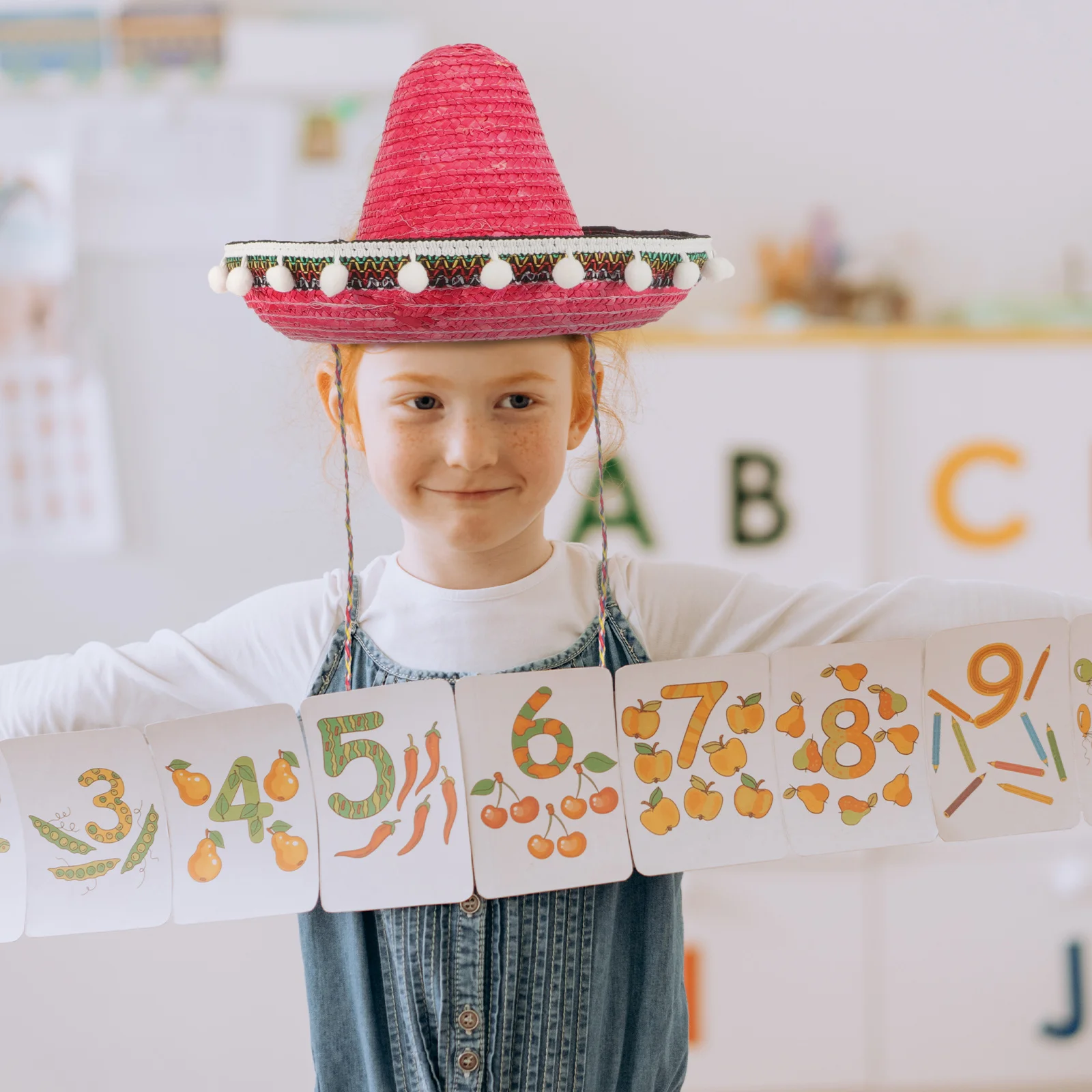 

Kids Performance Straw Hat With Pom Poms Summer Festival Party Beach Wear Spanish Theme Decorative Hats For