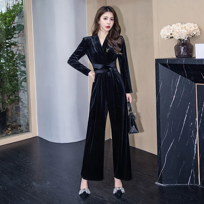 Korean Fashion Spring Autumn Velvet Jumpsuit Women High Waist Office Lady Black Jumpsuits Combinaison Femme Elegant Overalls