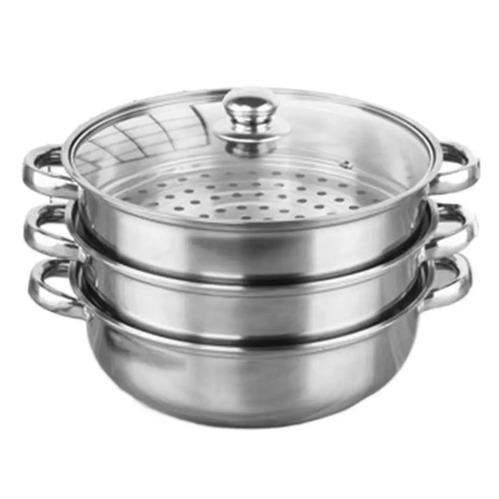 Stainless Steel Vegetable Steamer Pan Set Transparent 1/2/3-Layer Steaming Cookware Stacktable Double Handle Food Veg Cooker Pot