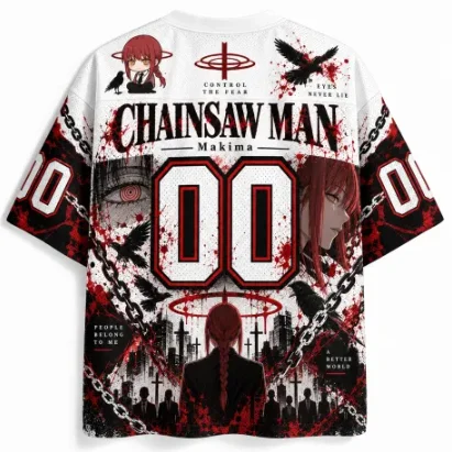 Chainsaw Man, Machima Printed Mesh Sports Quick Dry V-neck Anime, Machima Little Crow Chain Pattern, Number 00 Sports Shirt
