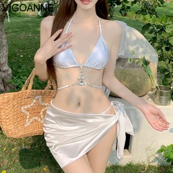 VigoAnne 2024 Solid Hollow Swimwear Women High Waist Skirt Bikini Set Korean Halter Push Up Swimsuit Sexy Beach Bathing Suit