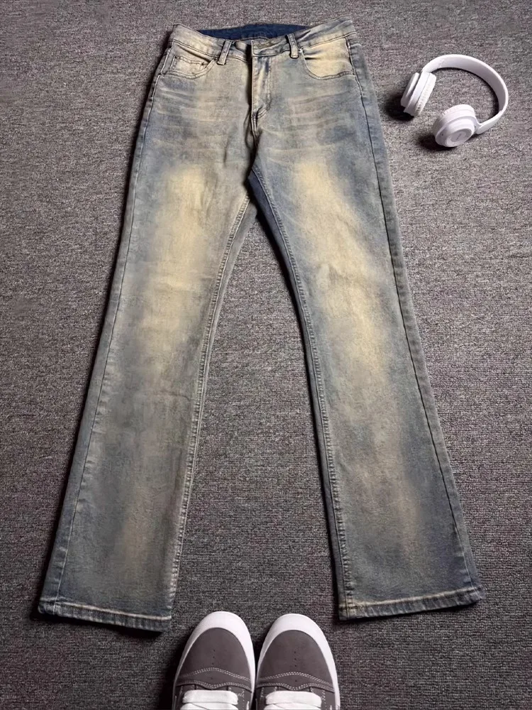 

Retro Straight Leg Men's Jeans mid High Waist Thiened Fce Winter Long Trousers American High Street Sle Slim Fit Jeans