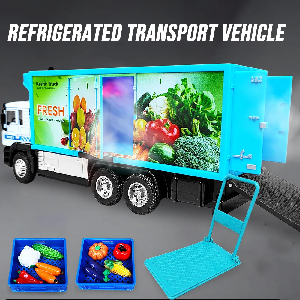 Camions de transport réfrigérés pour légumes et fruits, modèle miniature 1:50, en métal moulé sous pression, avec fonction de recul, pneus en caoutchouc, son et lumière, voitures éducatives