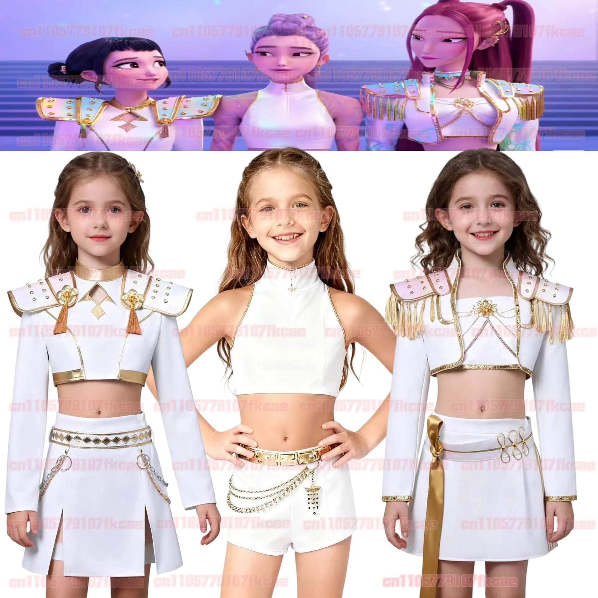 어린이 애니메이션 K-팝 악마 사냥꾼 코스프레 의상 세트 가발 포함 화이트 가죽 유니폼 의상 조이 루미 미라 할로윈 카니발용