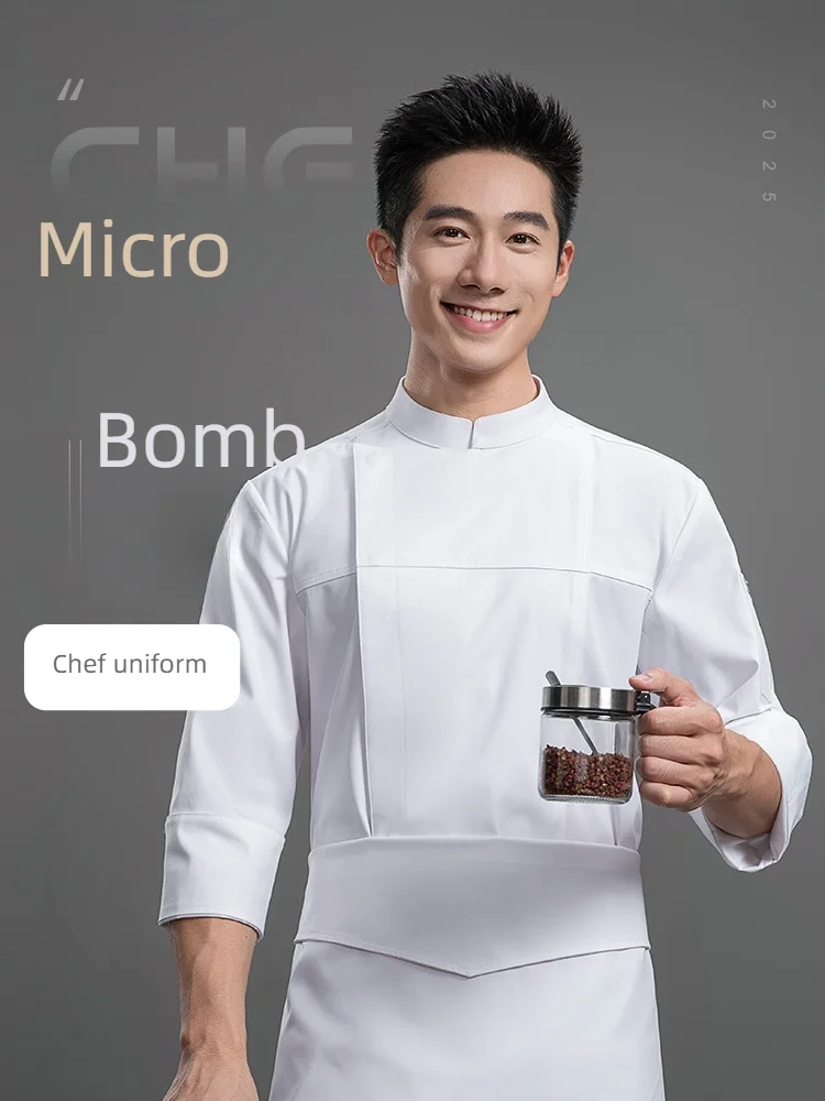 زي الشيف الرجالي بأكمام طويلة لملابس المطبخ في مطعم الفندق، ملابس تقديم الطعام الاحترافية
