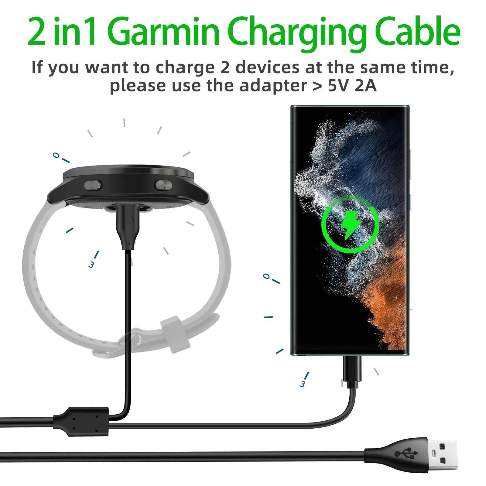 2-in-1 USB-Ladekabel für Garmin Fenix 8 7 6 5 Plus Pro 5s Instinct E 3 Smartwatch & Smartphone Ersatz-Ladegerät