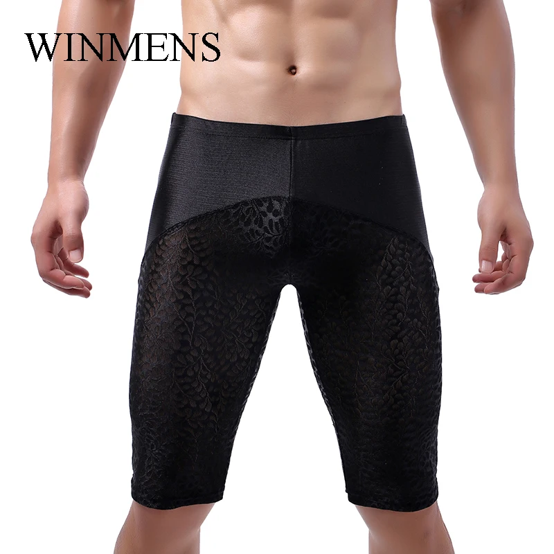 Adult Men Patchwork Lace Skinny Shorts Low Waist Breathable Close-fitting Pants Candy Color Shape Tights Sleeping Bottoms Pajama