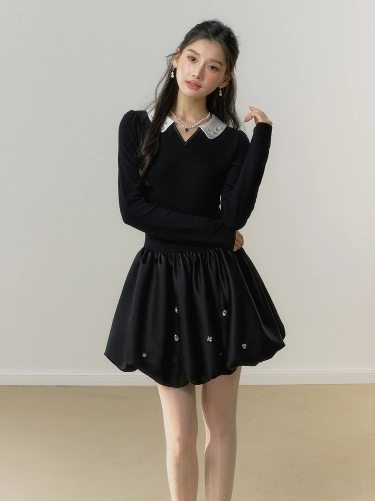 

LREEDOM Ele Miu Sle Puffy Sve Dr with Bright Diamond V-Ne Silken Fiber Casual Autumn Lady's Dr