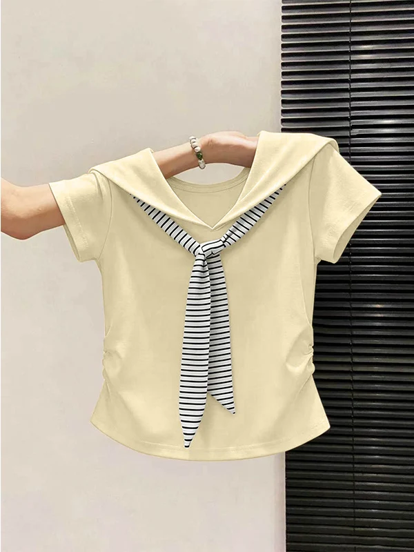 2026 New Stripe Shoulder Wrap Navy Collar Short Sleeve Women's T-shirt Summer Loose Fashionable Versatile Slimming plus Size Top