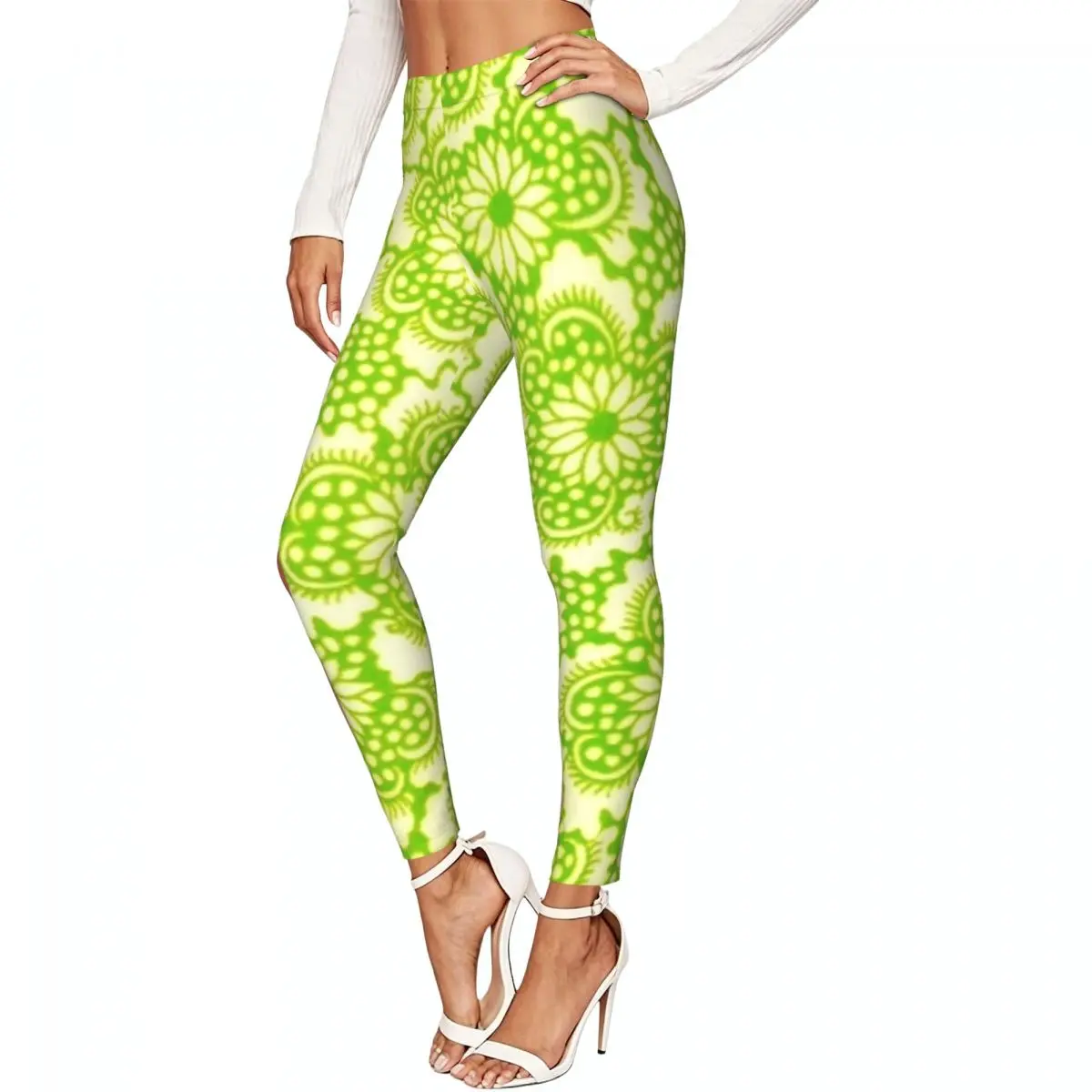 Sacura Green Pattern Women Leggings High Waisted Stretch Tights Workout Running Pants