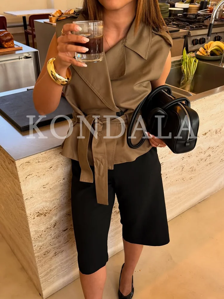 KONDALA Women Elegant Commute Belt Vest Jacket 2026 Spring Summer High Street Trendy Trench Vest Ladies Casual Sleeveless Vest