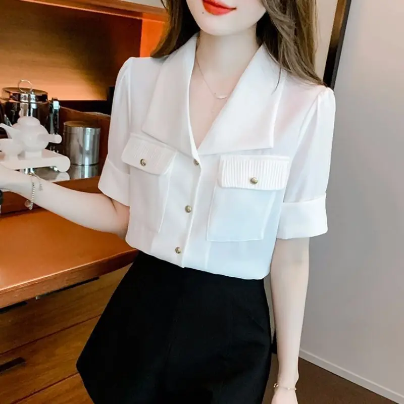 Fashion Lapel Short Sleeve Chiffon Blouses Women\'s Summer 2024 New Commuter Solid Color Spliced Pockets Single-breasted Shirts