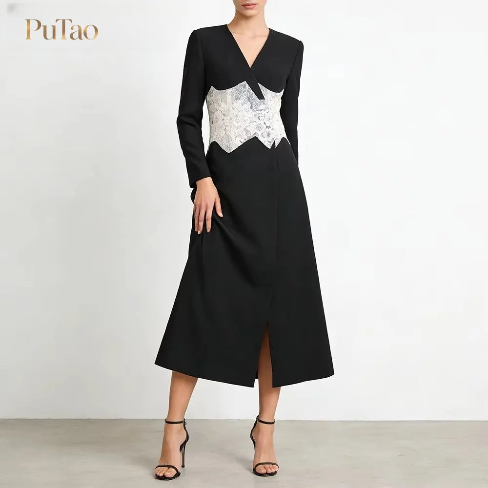 Putao Women V Neck Long Sleeve Midi Dress White Lace Corset Waist Patchwork Black Dress Front Slit Elegant Wedding Guest Evening