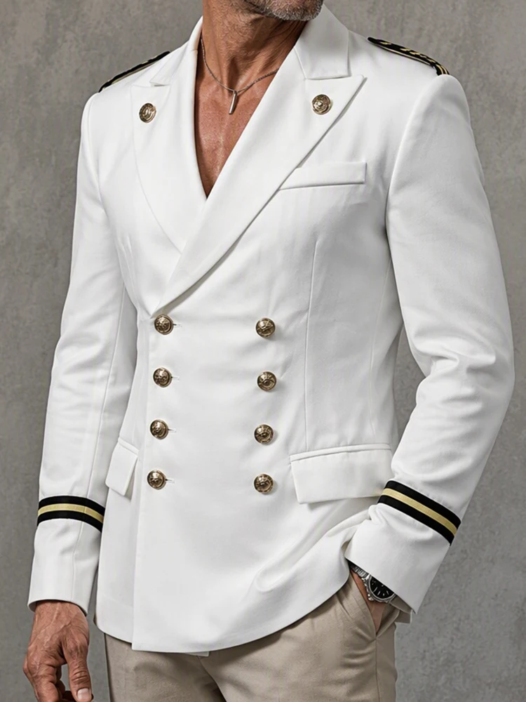 Men's Captain Blazer Double Breasted Gold Button Epaulet Stand Collar Uniform Jacket for Business Stage Formal Banquet Occasions
