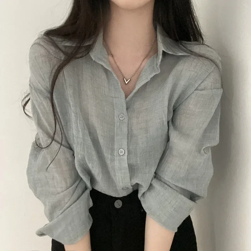 New Korean Trendy Shirt Blouse Simple Thin Pure Color Anti-UV Shirt Anti-fade Shirt Top Sun Protection Blouse Women Streetwear