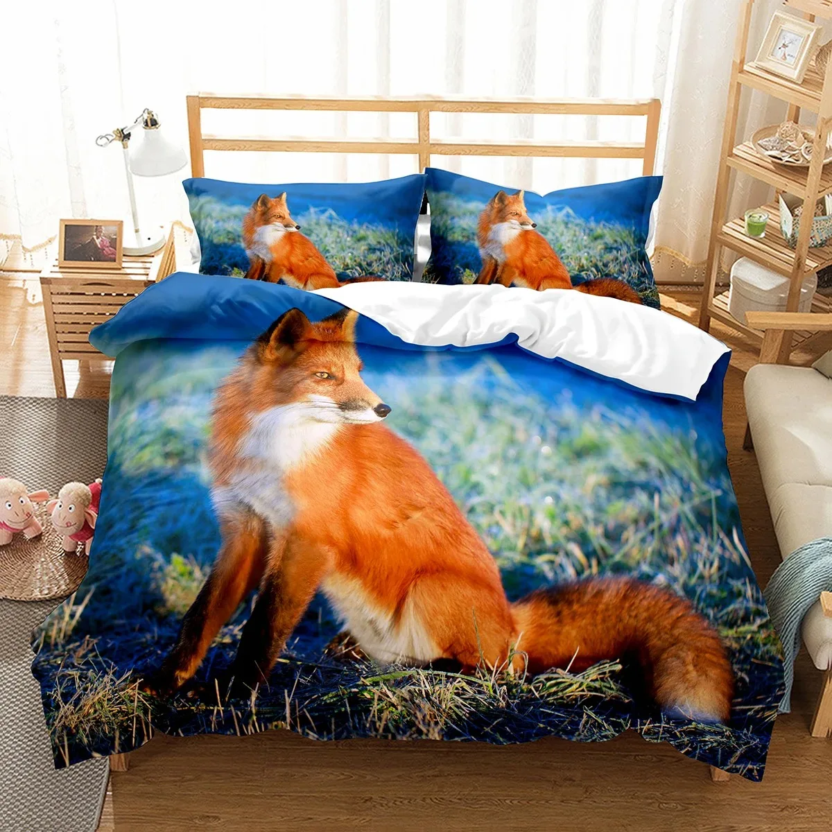 Fox dekbedovertrekset cartoon schattige vos polyester dekbedovertrek koning koningin full size voor kind jongen meisje beddengoed set met kussensloop