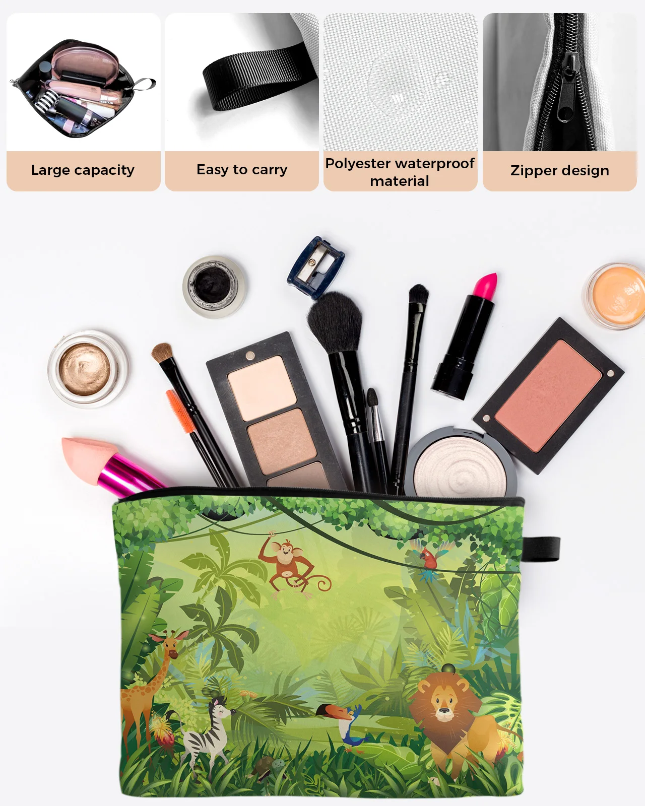 Tropical Jungle Cartoon Animal Lion Custom Travel Cosmetic Bag Portable Makeup Storage Pouch Women Waterproof Pencil Case