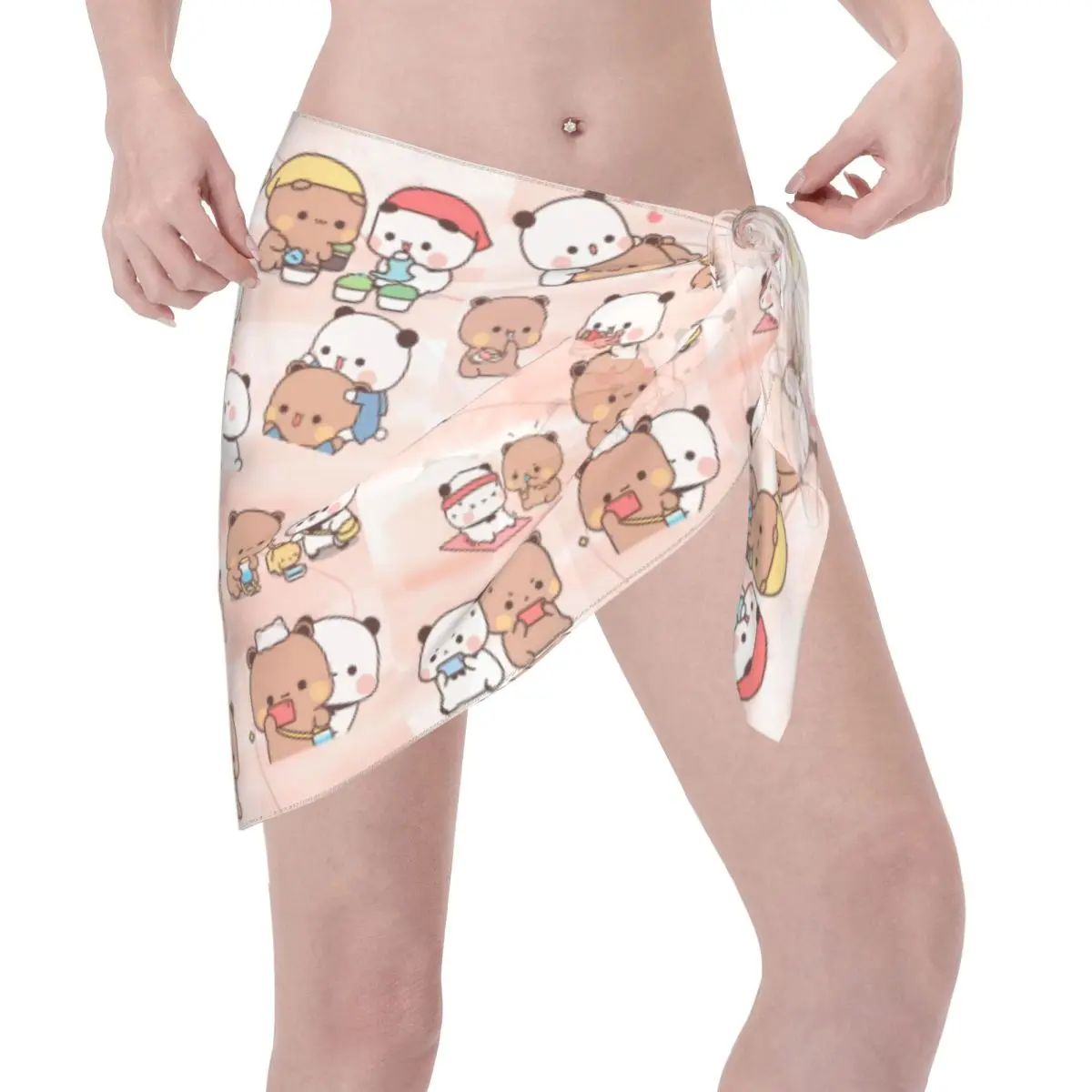 Sarong curtos personalizados Bubu e Dudu, cobertura de biquíni estampado, sarong transparente, envoltório de praia