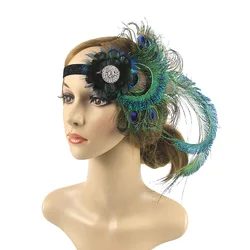 Peacock Feather Elastic Hair Band , 1920s Flapper Gatsby Feather Headband, 20s Beaded Showgirl Headpiece