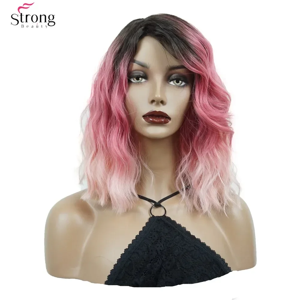 StrongBeauty Damen-Perücke, mittellang, lockig, rosa, Ombre Natura, seitlicher Bang-Stil, synthetische Perücken