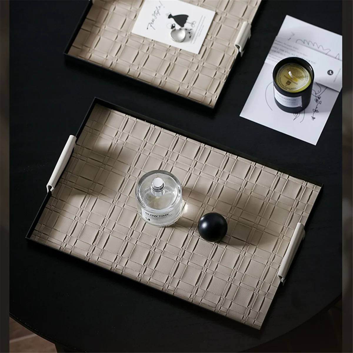 HHTL صينية تخزين منسوجة مجوهرات حديدية صينية تخزين سطح المكتب مستحضرات التجميل مفتاح علبة مجوهرات صينية زخرفية معدنية مستطيلة #4