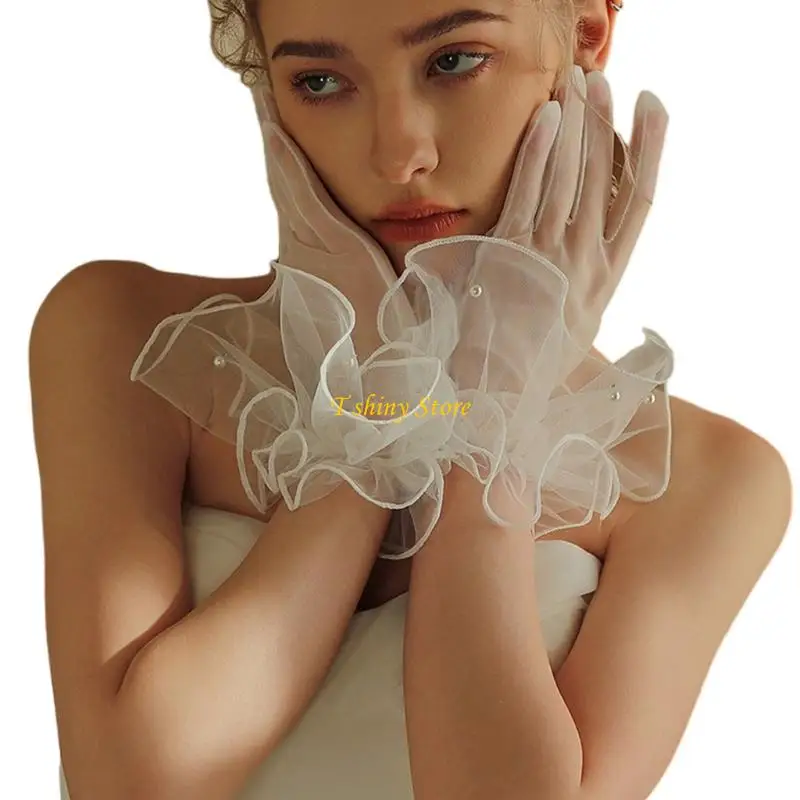 N58F Elegant Full Finger Gloves Pearls Unique Outfits Short Gloves for Flapper Bride Wedding Dancing Accessories