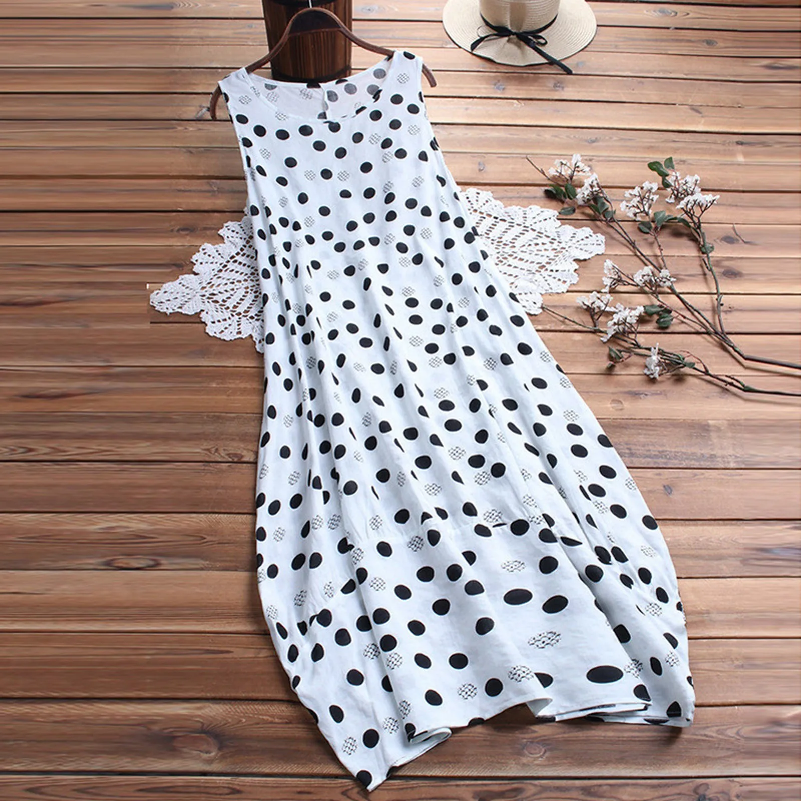 New 2023 Sleeveless Oversized Polka Dot Korean Fashion Elegant Vintage Chic Lady Women's Summer Long Dresses