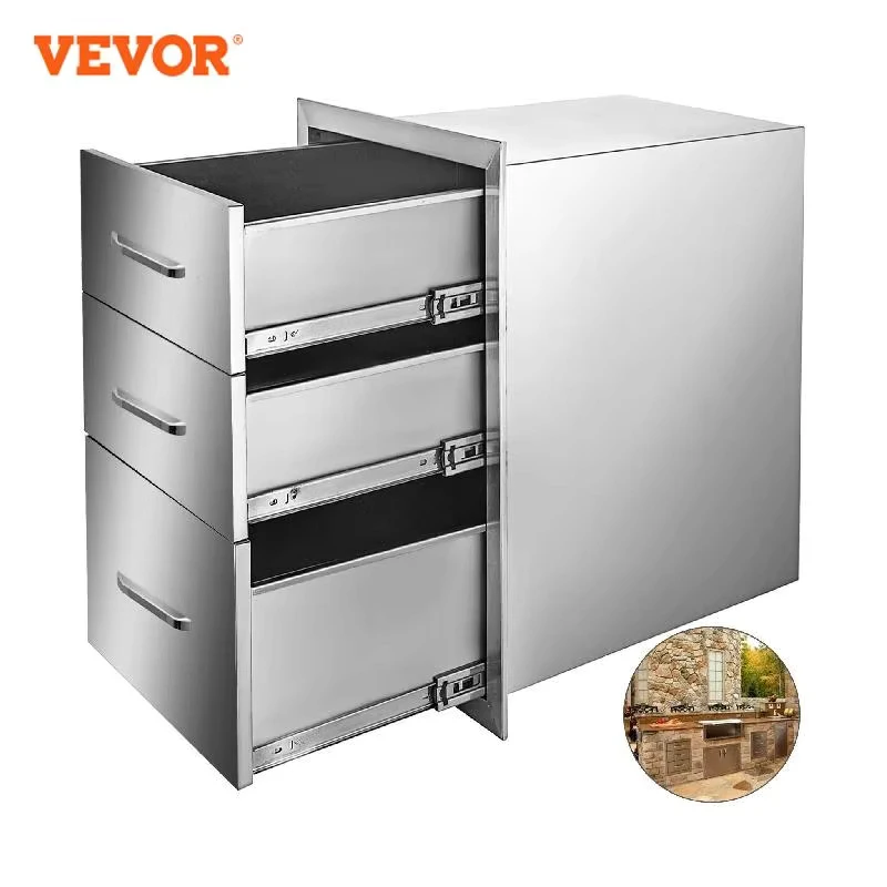 VEVOR Stainless Steel Outdoor Kitchen Drawer With Handle Triple Layer for BBQ Island Grilling Cabinet Storing Cookware Tableware