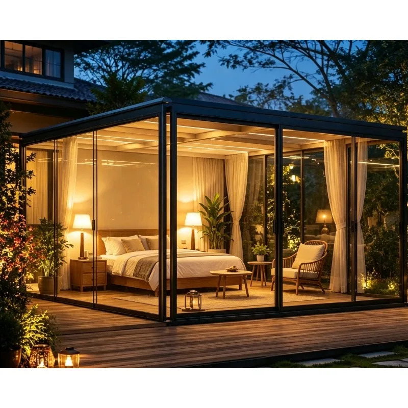 Factory Price Aluminum Alloy Sunroom Glass House Broken Bridge Aluminum Glass Garden Residence Prefab Four Seasons Villa Sunroom