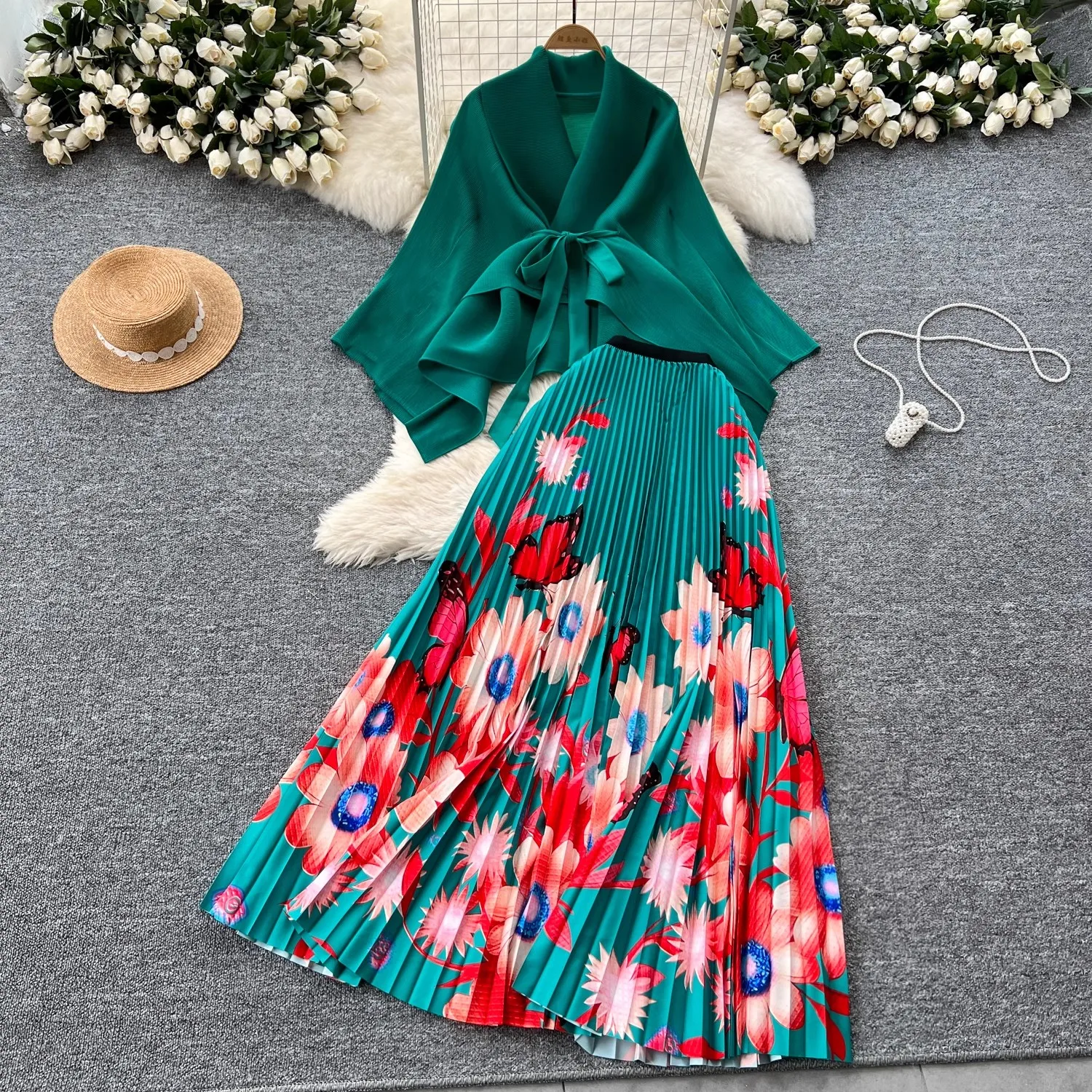 

Miyake Pleated 2 Pieces Set Women's Scarf Collar Irregular Belt Batwing Sleeve Top + Floral Long Skirt Elegant Holiday Party Set