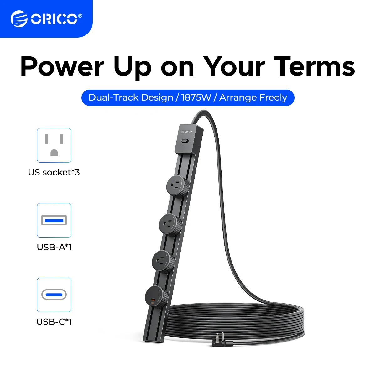 ORICO PD 20W US Power Strip Track Socket with Surge Protector | Track Outlet with Removable 3 AC Outlet Adapters 1875W & 1 USB-C 5 FT Flat Plug Extension Cord for Home Office Kitchen