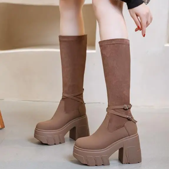 11CM Microfiber Spring Platform Wedge Knee High Autumn Women Boots British Boots Cloth Streth Fabric Leather Ankle Shoes