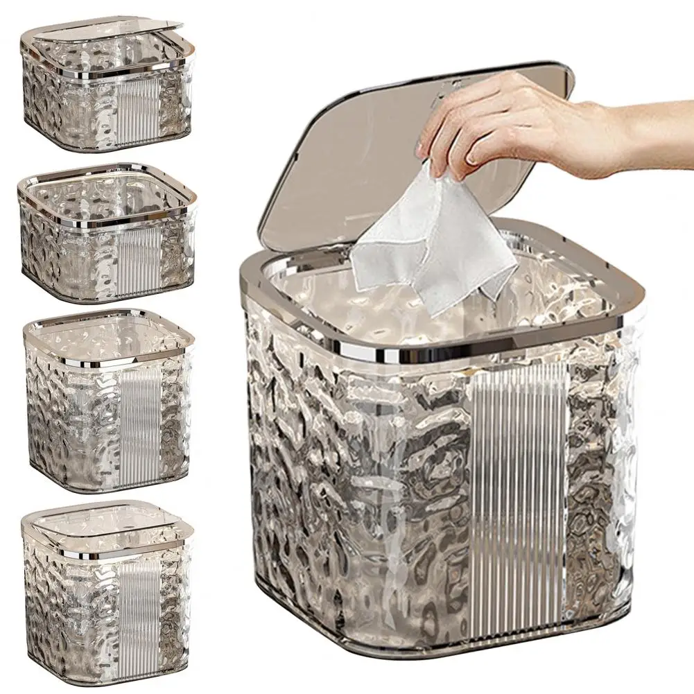 Desktop Trash Can with Pop-Up Lid, Transparent Glacier Texture Small Waste Bin, Compact Plastic Garbage Container for Bathroom O