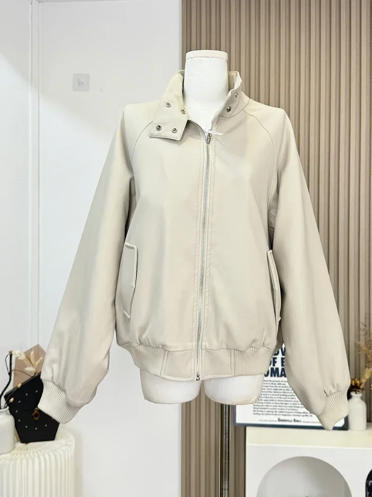 Winter Women Old Money Pu Faux Leather Full Zip Coat Vintage Racer Jacket Outwear Tomboy Thick Warm Overcoat Oversize Classical