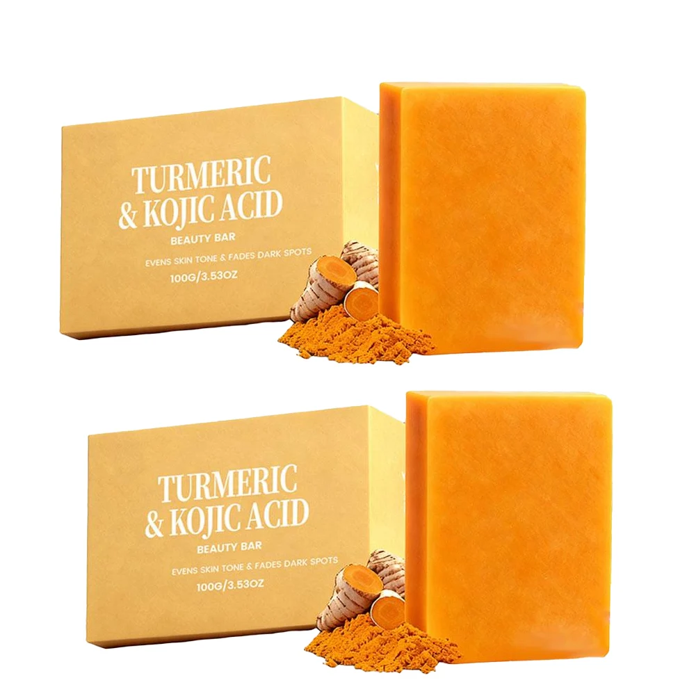 Barra de jabón de cúrcuma y ácido kójico, jabón natural para aclarar la piel, jabón suave de cúrcuma para limpieza profunda del rostro y cuerpo, 2/1 Uds.