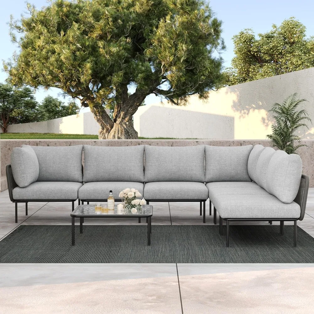 

Rope Woven Patio Furniture Set, Modern Modular Sectional Sofa with Coffee Table and Upgrade Thickness Cushion