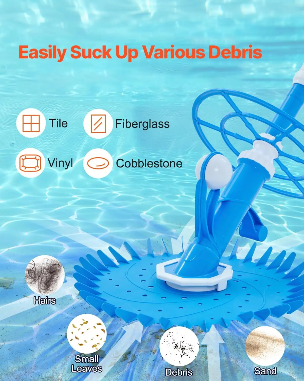 Suction Pool Cleaner, Automatic Pool Vacuum Cleaner with Extra Diaphragm, Suction Sweeper with 12 x 32 in Hoses & 36-FinCleaning