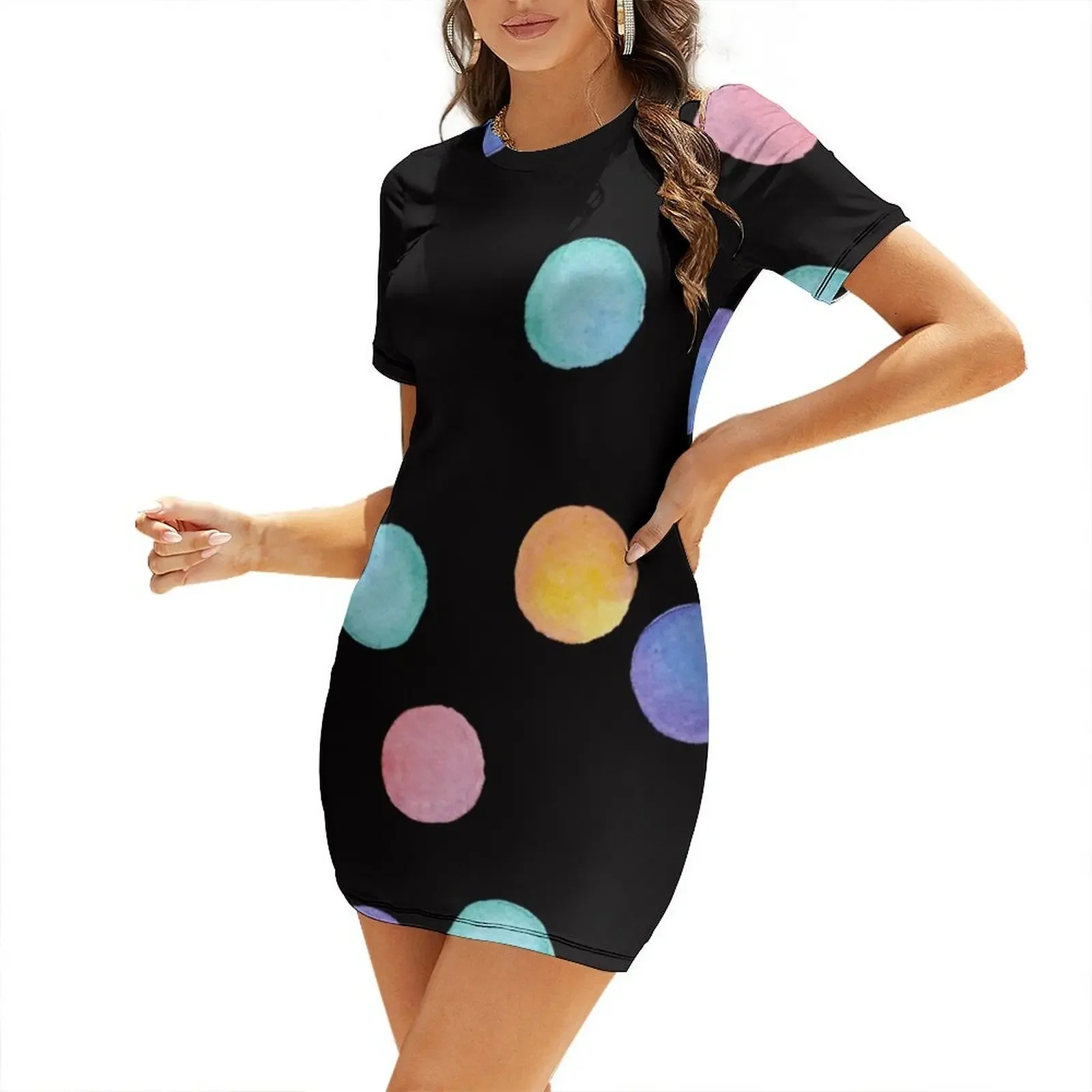 

Watercolor Polka Dots Pattern Short-Sleeved Dress Female dress woman dress Women's summer long prom clothes