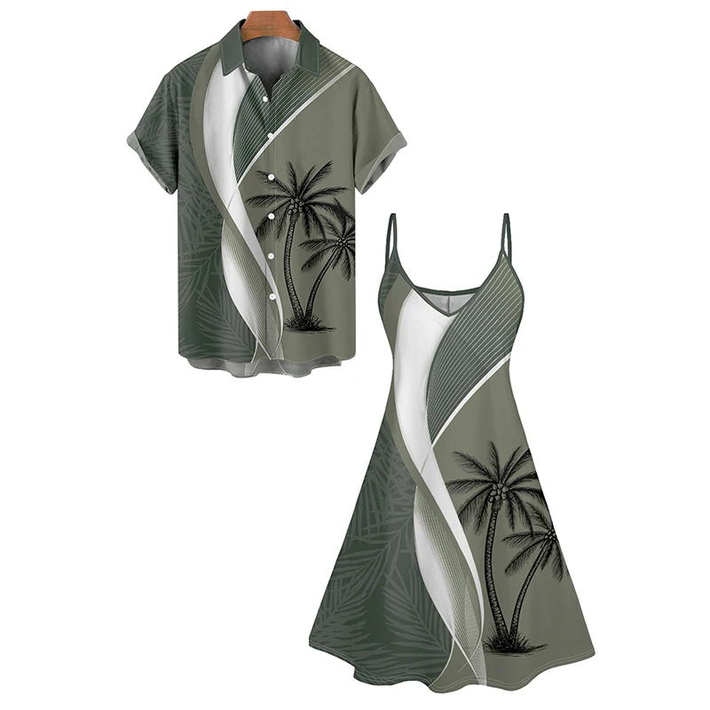 Dressfo Couple Set Colorblock Coconut Tree Leaf Print Spaghetti Strap Vacation Dress And Roll Up Sleeve Shirt Matching Outfit