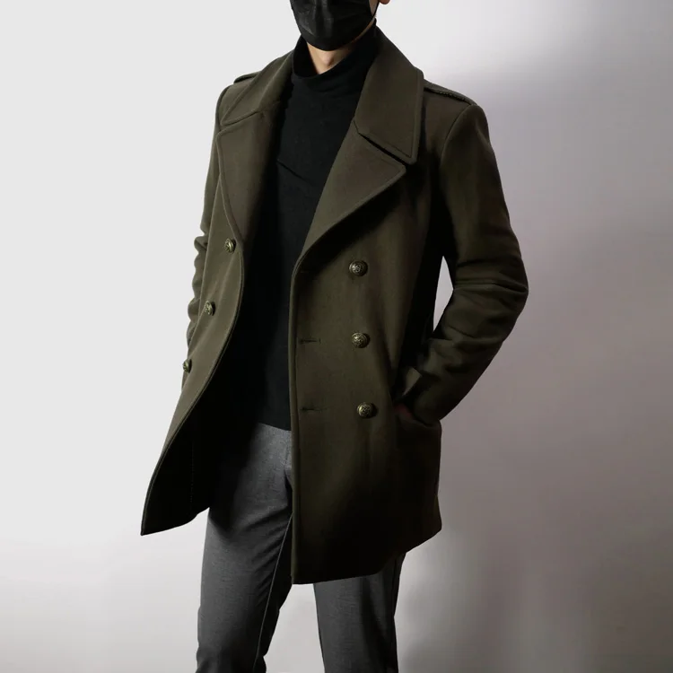 

Men's Woolen Coat Double Row Button Military een Collar German Sle Outerwear Thi Autumn Winter Faion Casual