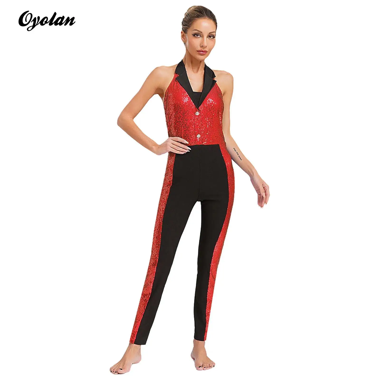 여성용 반짝이 스팽글 라틴 재즈 댄스 유니타드 점프수트 홀터 슬리브리스 백리스 컬러 블록 패치워크 풀 바디 레오타드 의상
