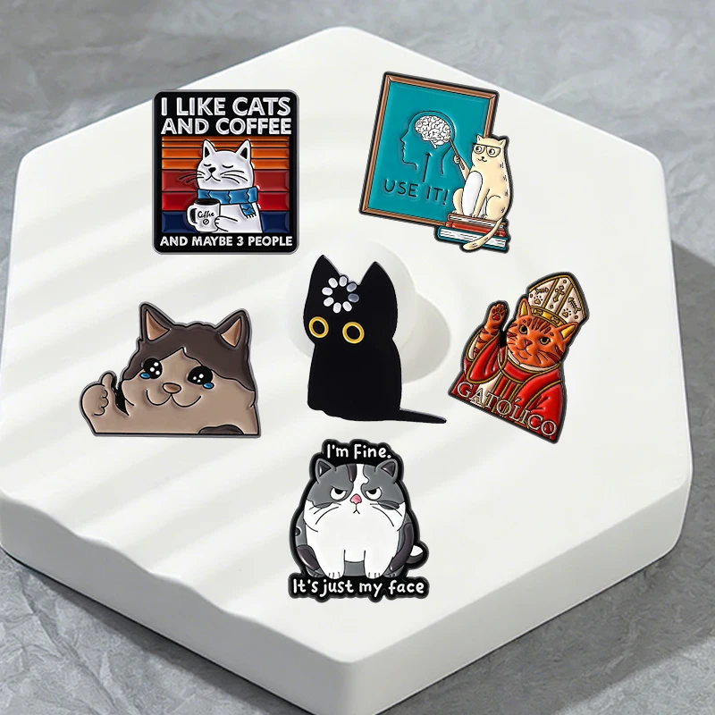 Niedliche Cartoon-Katzen-Kollektion Emaille-Pins Ich mag Katzen & Kaffee Schwarze Katze Void Spinning Loading Metallbrosche Schmuck Großhandel – Detail 5