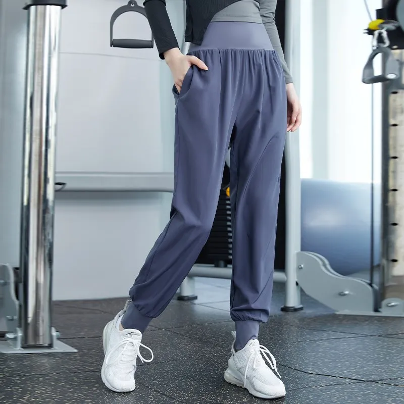 Mulheres solto elástico sweatpants cintura alta correndo calças gym workout jogging cintura alta perna larga esportes yoga respirável