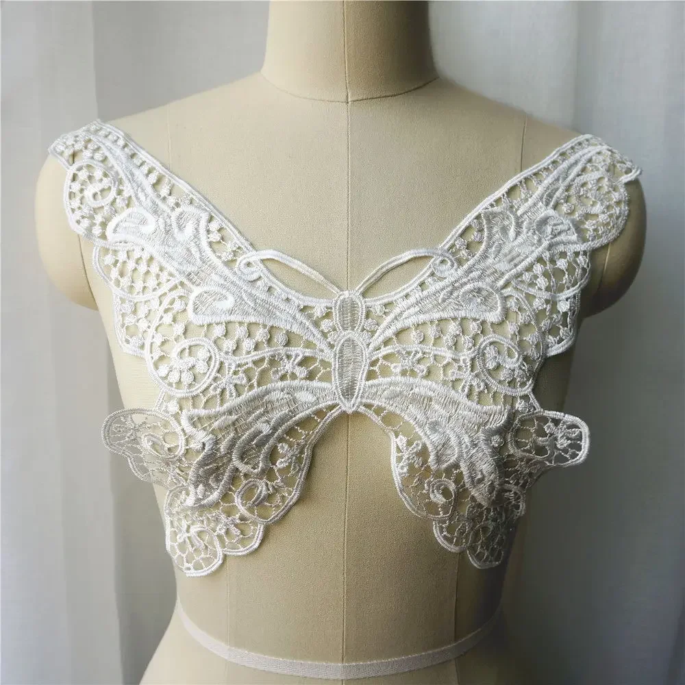 White Butterfly Collar Embroidered Wedding Gown Appliques Lace Fabric Sew On Patches For Dress DIY Decoration