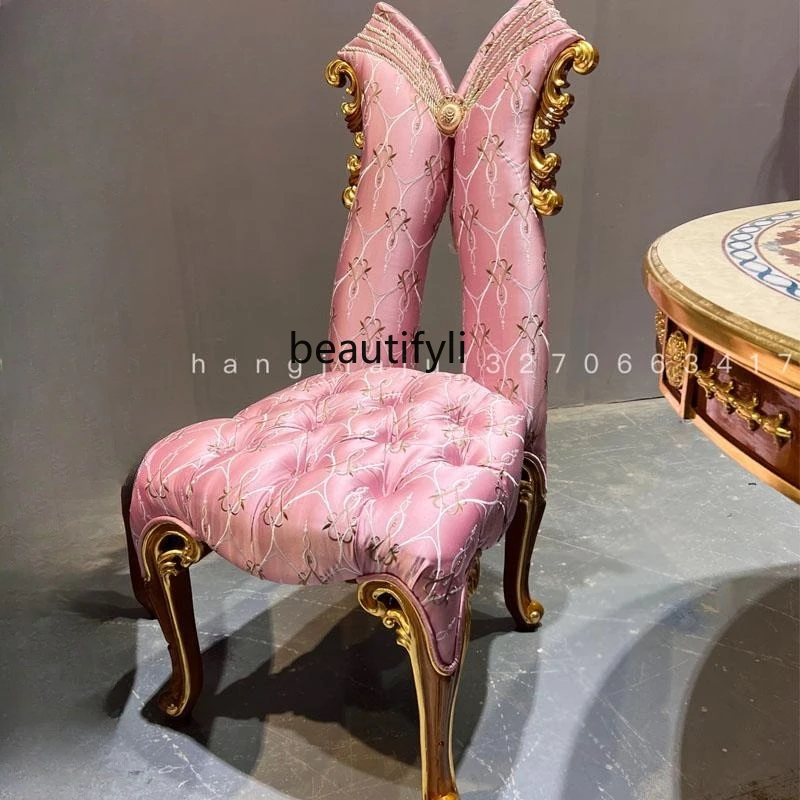 

French engraved dining chair retro elegant fabric neoclassical European solid wood luxury dining chair engraved with gold foil