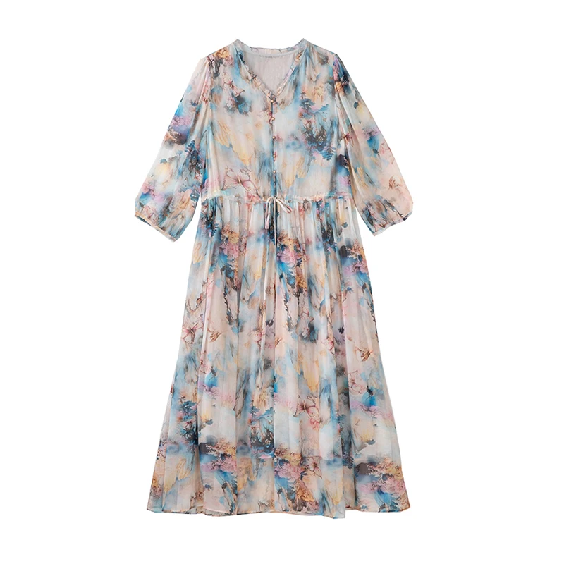 2025 wiosenna plaża kwiatowy jedwabna sukienka Midi kobiety w stylu Vintage moda Boho lekka sukienka na co dzień koreański elegancki luksusowy festiwal Vestidos