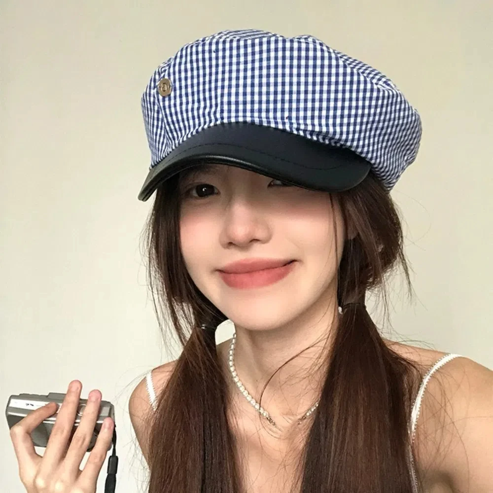 

Retro Blue Plaid Beret Designer Korean Sailor Hat Flat Top Y2k Navy Cap For Women
